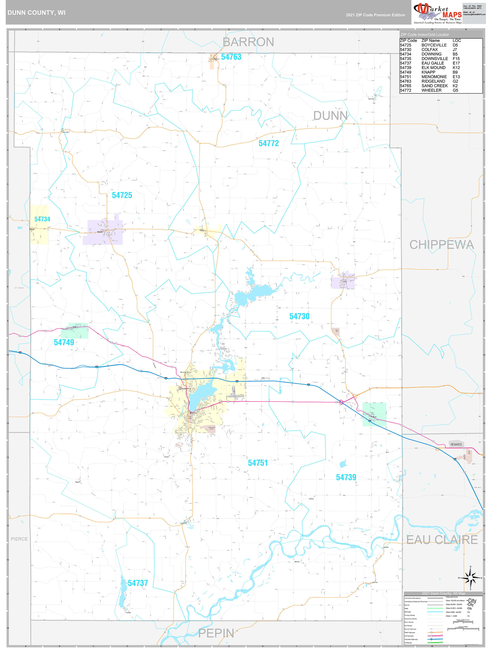 Dunn County WI Wall Map Premium Style By MarketMAPS