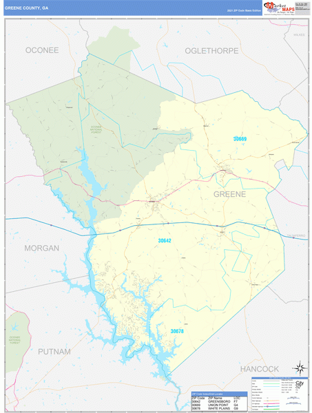 Greene County GA Zip Code Wall Map Basic Style By MarketMAPS MapSales