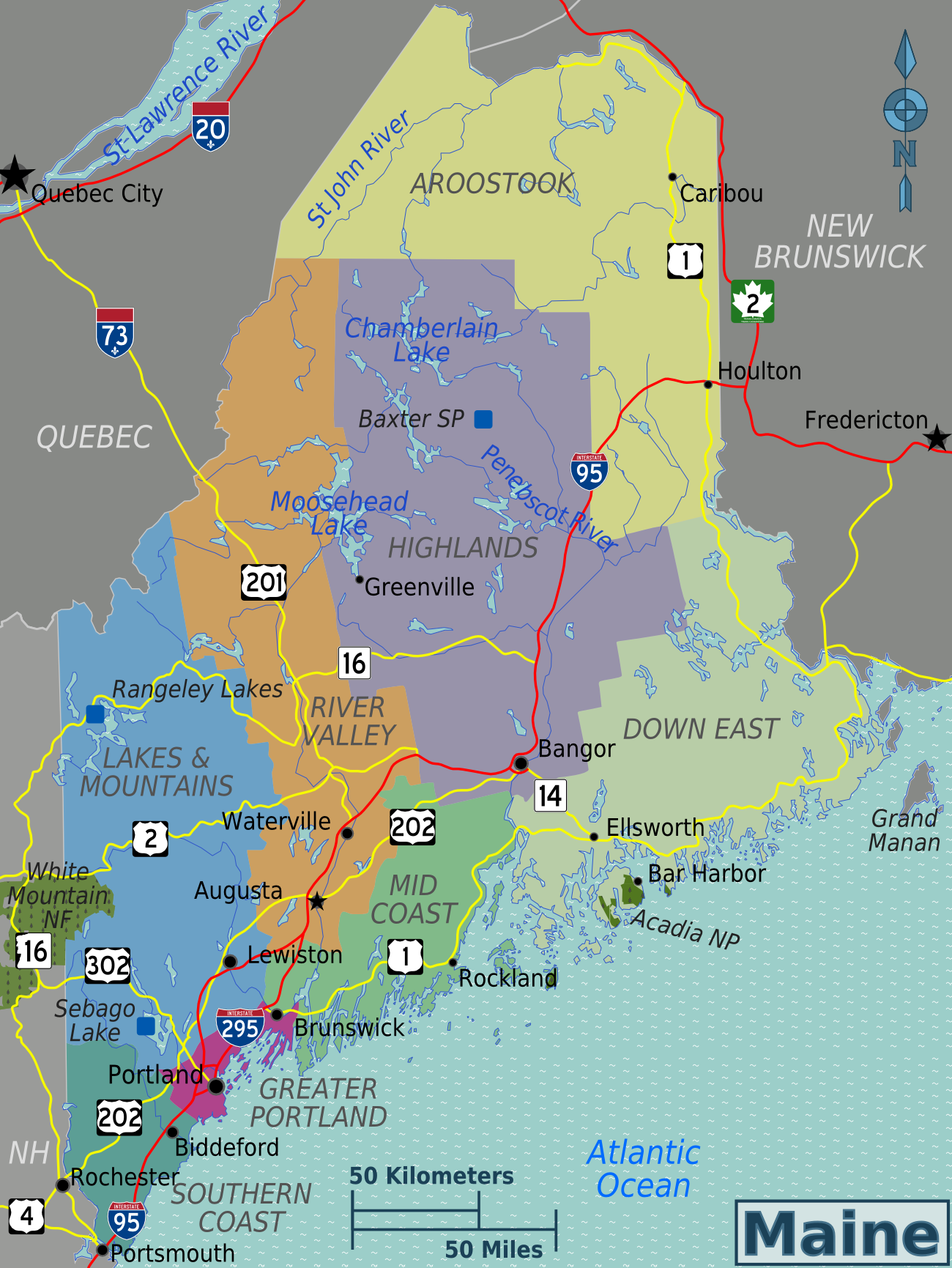 Landkarte Maine bersichtskarte Regionen Weltkarte Karten Und 